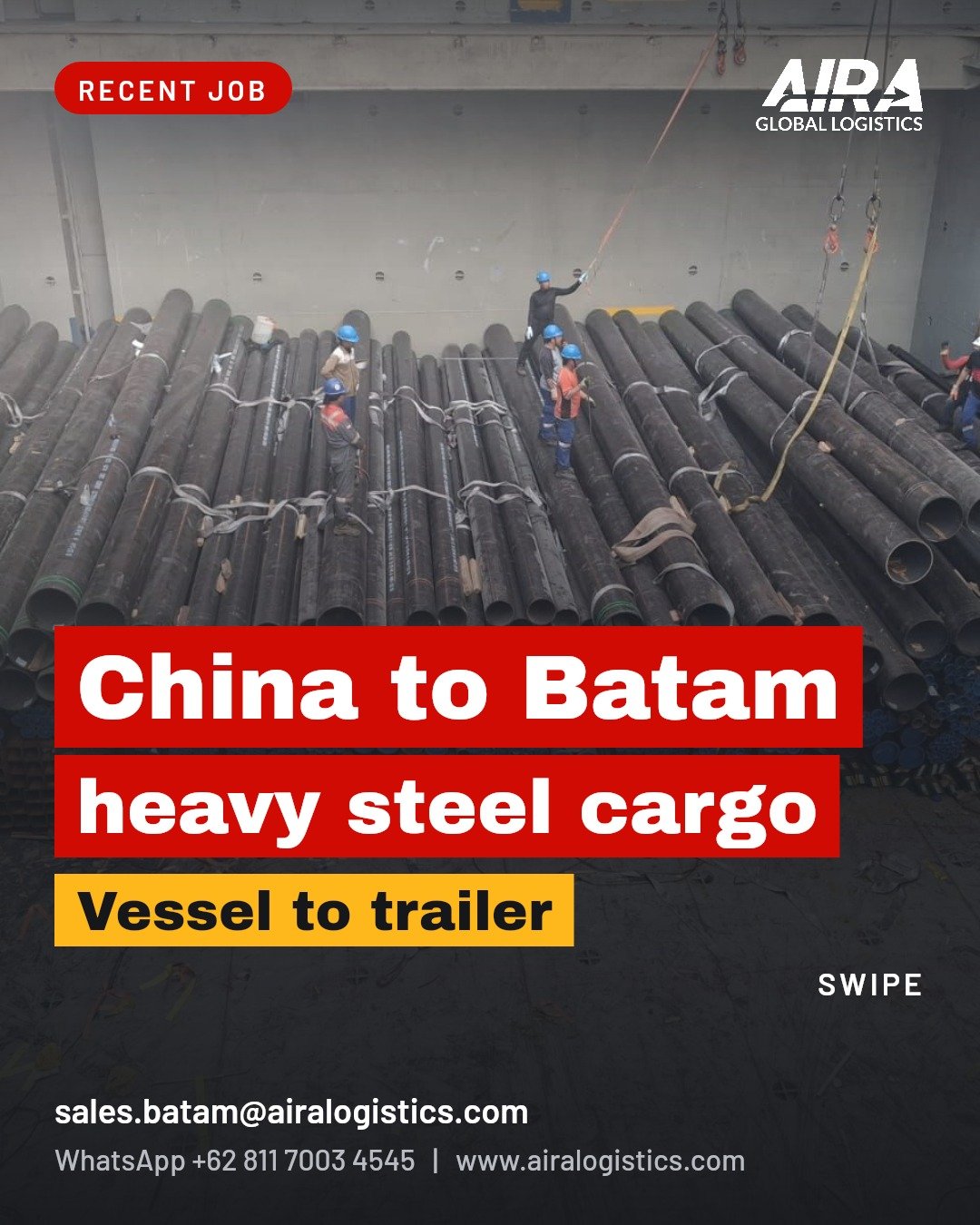 Steel pipes in the vessel hold